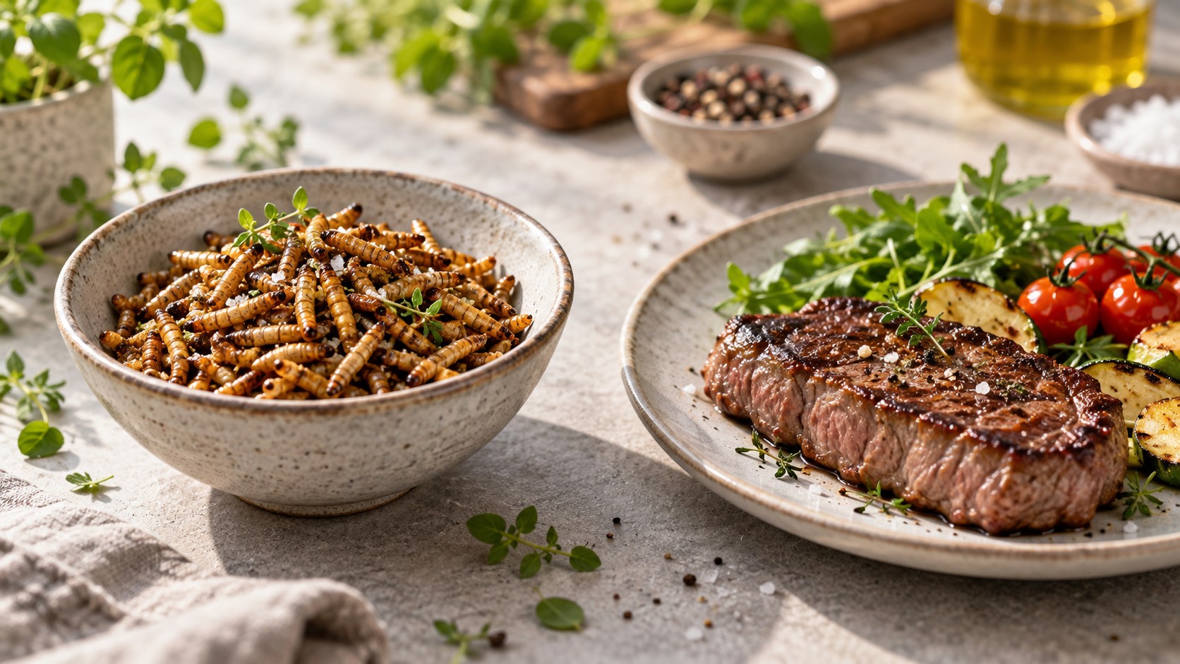 Jedlí mouční červi a steak jako dva různé zdroje bílkovin