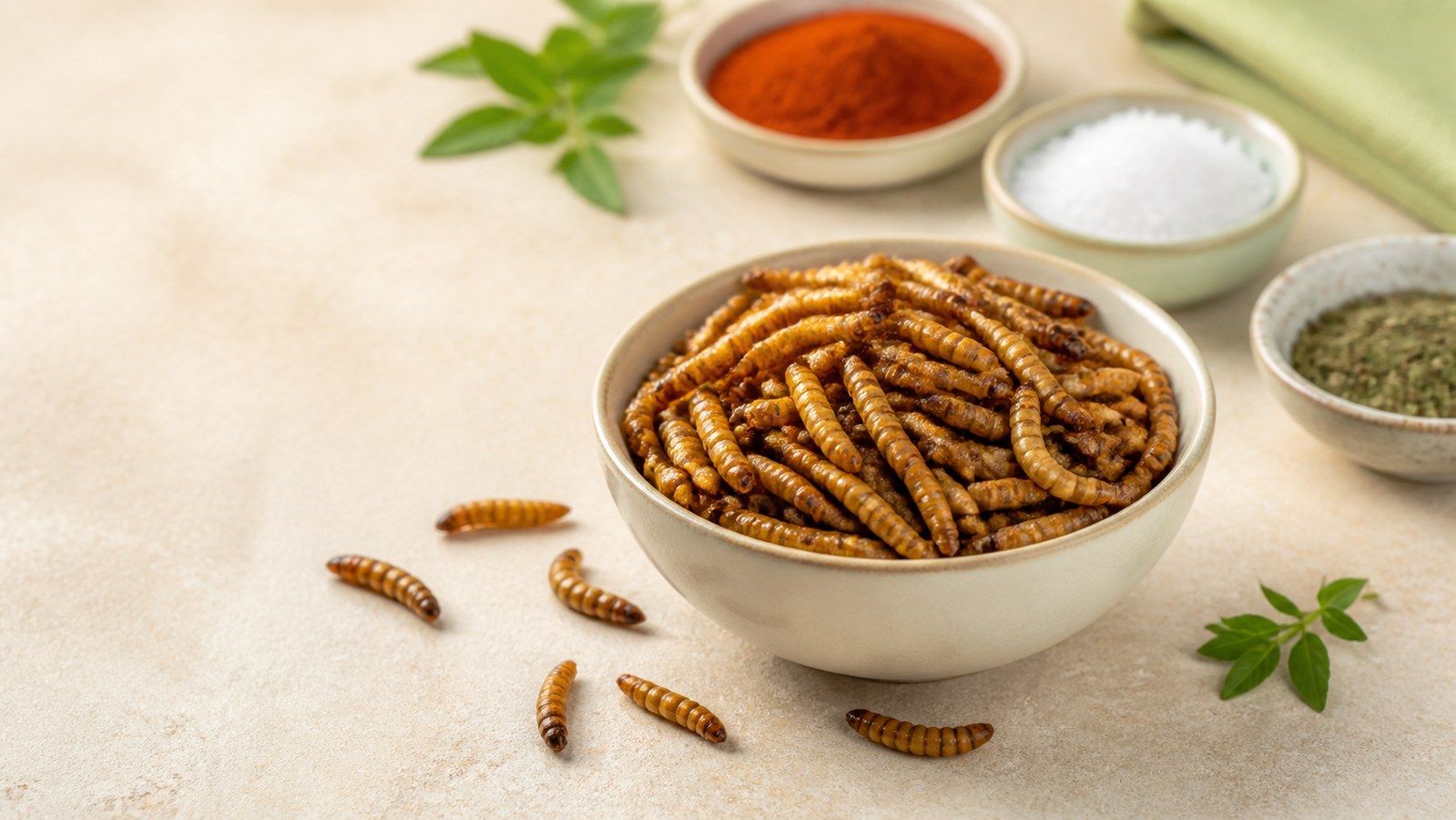 Křupaví pražení mouční červi Tenebrio molitor servírovaní jako ochucený snack